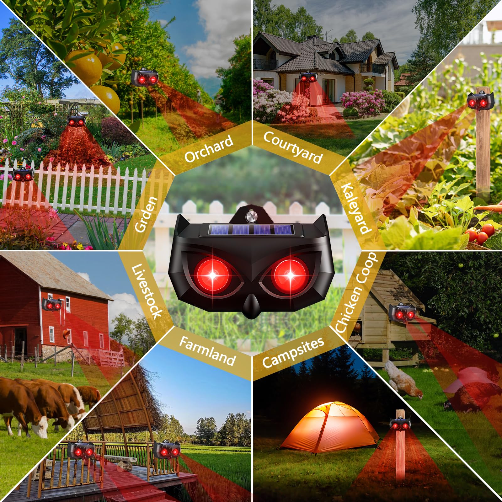 Solar Animal Repellent Outdoor, 2024 Upgraded Predator Nocturnal Animal Repellent with Red LED Flashing Lights to Scare Away Deer Coyote Skunk Raccoon Fox Predator Lights for Chicken Coop Farm 6Pack