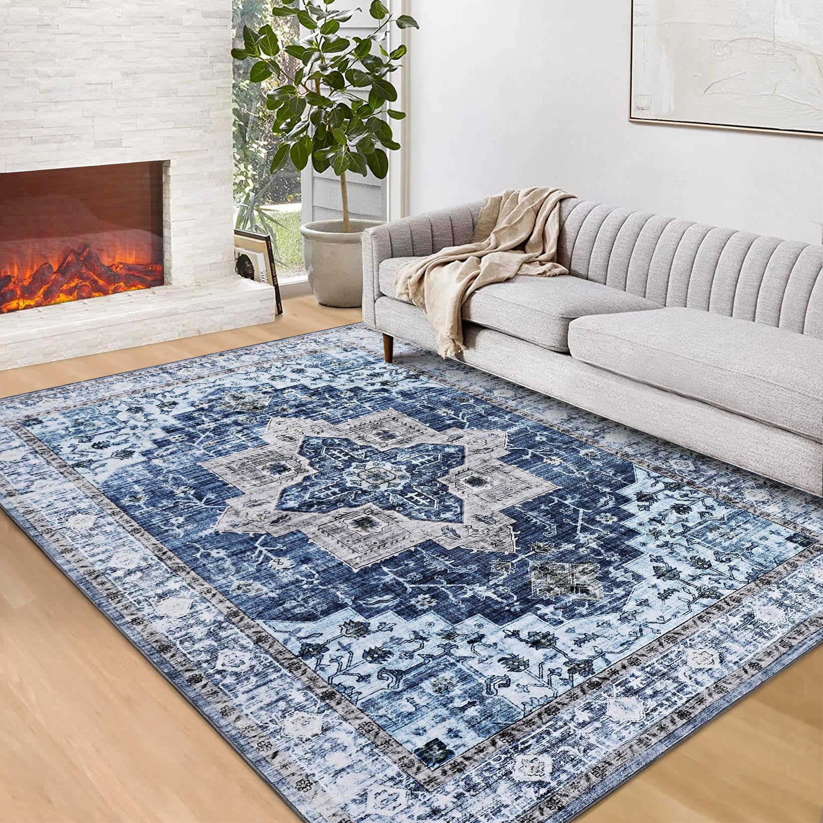 MilleLoom 10x13 Area Rugs, Stain Resistant Washable Rugs with Non-Slip Backing, Large Rugs for Living Room, Bedroom - Soft & Low Pile Vintage Area Rug,Blue