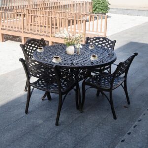 PATIO-IN 48.23" Patio Dining Table, All-Weather Cast Aluminum Table with 2.36" Umbrella Hole, Patio Furniture Table, Outdoor Dining Table for Backyard and Poolside