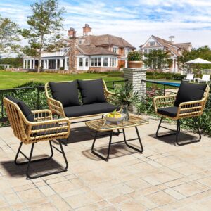 INDSUMOT 4PC Outdoor Patio Furniture Set Sectional Sofa Rattan Chair Wicker Set with Cushion