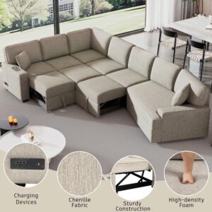 Aiuyesuo Modern 126" L-Shaped Sofa, Sectional Sofa Couch with Charging Devices, Pull-Out Sofa Bed with Cup Holders, Convertible Sectional Sofa for Living Room Apartment (Beige-193J)