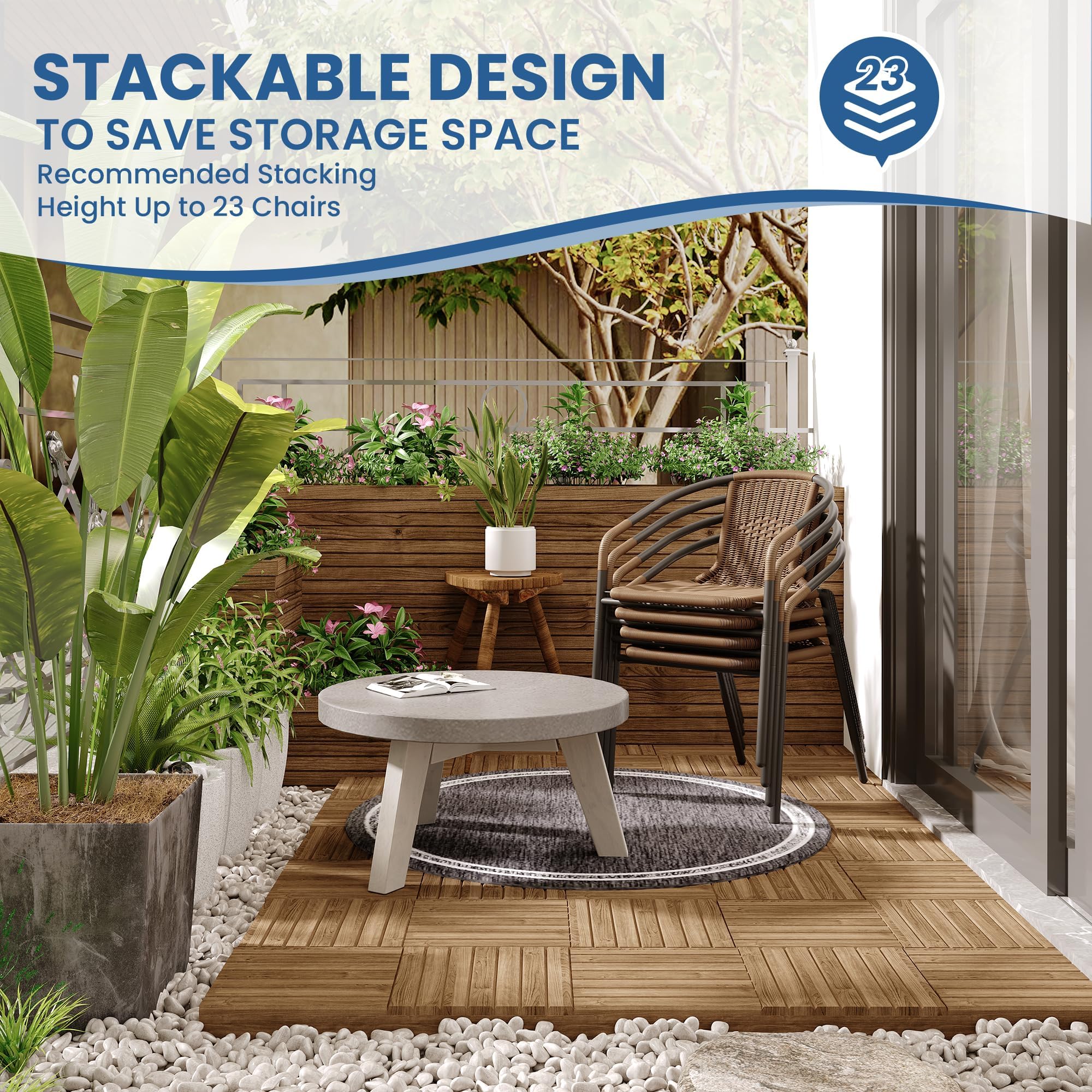 UDPATIO Rattan Patio Dining Chairs Set of 4, Wicker Stackable Outdoor Chairs with All Weather Curved Back & Metal Frame, for Indoor Restaurant Porch Deck, Brown