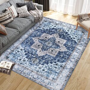 milleloom 10x13 area rugs, stain resistant washable rugs with non-slip backing, large rugs for living room, bedroom - soft & low pile vintage area rug,blue