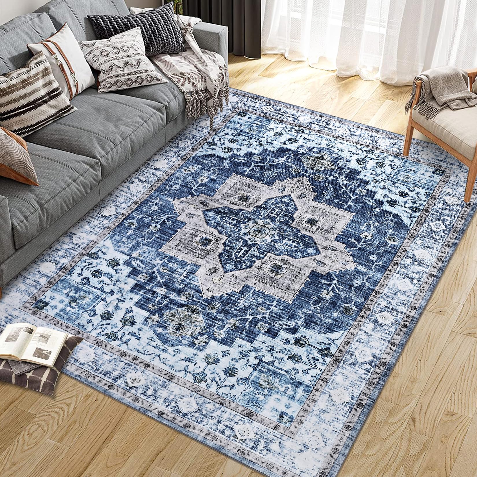 MilleLoom 10x13 Area Rugs, Stain Resistant Washable Rugs with Non-Slip Backing, Large Rugs for Living Room, Bedroom - Soft & Low Pile Vintage Area Rug,Blue