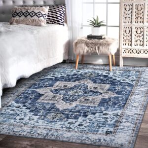 MilleLoom 10x13 Area Rugs, Stain Resistant Washable Rugs with Non-Slip Backing, Large Rugs for Living Room, Bedroom - Soft & Low Pile Vintage Area Rug,Blue