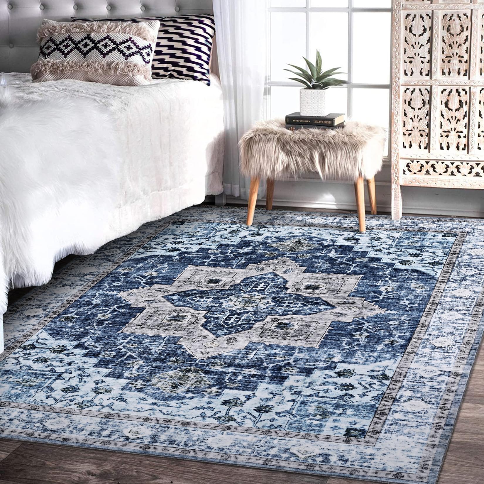 MilleLoom 10x13 Area Rugs, Stain Resistant Washable Rugs with Non-Slip Backing, Large Rugs for Living Room, Bedroom - Soft & Low Pile Vintage Area Rug,Blue