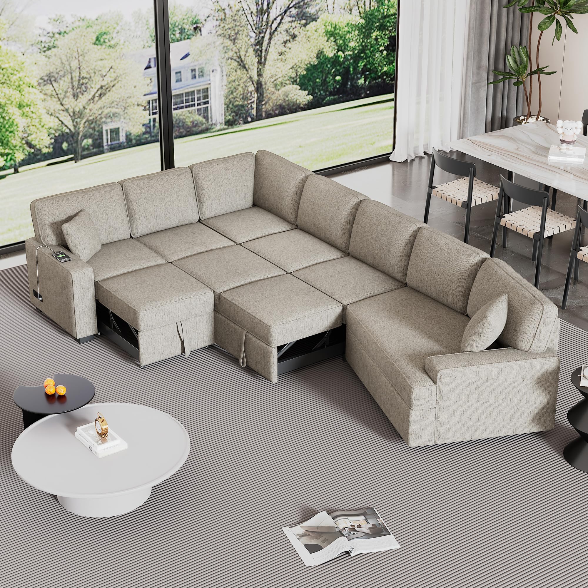 Aiuyesuo Modern 126" L-Shaped Sofa, Sectional Sofa Couch with Charging Devices, Pull-Out Sofa Bed with Cup Holders, Convertible Sectional Sofa for Living Room Apartment (Beige-193J)