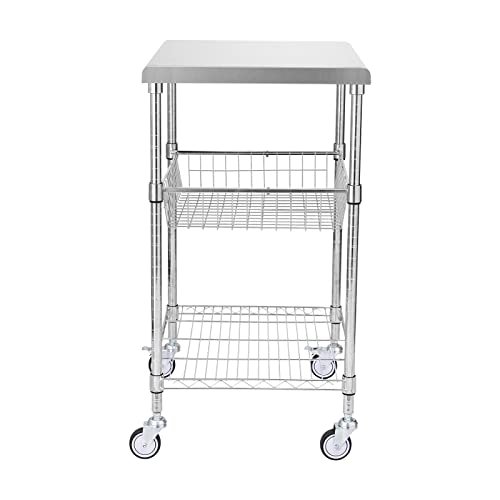 VEVOR Kitchen Utility Cart, 3 Tiers, Wire Rolling Cart with 470LBS Capacity, Steel Service Cart on Wheels, Metal Storage Trolley with 76mm Basket Curved Handle PP Liner 6 Hooks, for Indoor and Outdoor