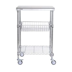 VEVOR Kitchen Utility Cart, 3 Tiers, Wire Rolling Cart with 470LBS Capacity, Steel Service Cart on Wheels, Metal Storage Trolley with 76mm Basket Curved Handle PP Liner 6 Hooks, for Indoor and Outdoor