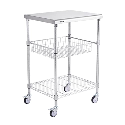 VEVOR Kitchen Utility Cart, 3 Tiers, Wire Rolling Cart with 470LBS Capacity, Steel Service Cart on Wheels, Metal Storage Trolley with 76mm Basket Curved Handle PP Liner 6 Hooks, for Indoor and Outdoor