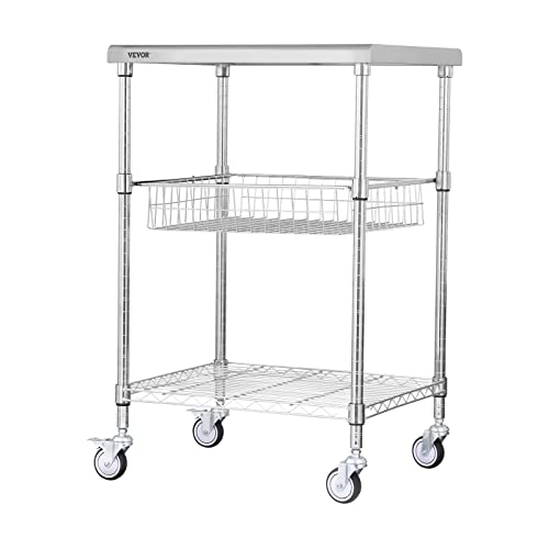 VEVOR Kitchen Utility Cart, 3 Tiers, Wire Rolling Cart with 470LBS Capacity, Steel Service Cart on Wheels, Metal Storage Trolley with 76mm Basket Curved Handle PP Liner 6 Hooks, for Indoor and Outdoor