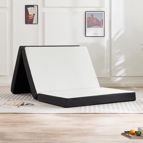 Sweetcrispy Tri-fold Memory Foam Mattress - 4 Inch Full Size Portable Bed Pad, Foldable Floor Mat, Collapsible and Washable Cover with CertiPUR-US Certified, for Travel & Camping & Yoga