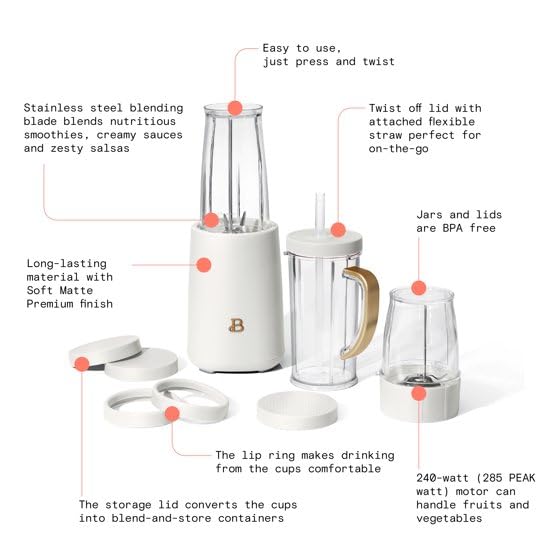 Beautiful Personal Blender Set with 12 Pieces, 240 W, (White Icing) by Drew Barrymore