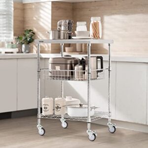 VEVOR Kitchen Utility Cart, 3 Tiers, Wire Rolling Cart with 470LBS Capacity, Steel Service Cart on Wheels, Metal Storage Trolley with 76mm Basket Curved Handle PP Liner 6 Hooks, for Indoor and Outdoor