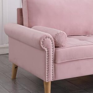 RXRRXY Modern Loveseat Sofa,Velvet Loveseats for Small Spaces, Mid Century 3 Seater Sofas,Button Tufted Upholstered Couch for Bedroom,with Pillow,Suitable for Living Rooms, Apartments,Office. (Pink)