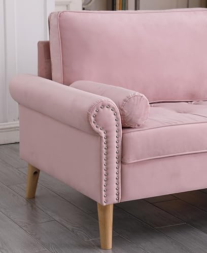 RXRRXY Modern Loveseat Sofa,Velvet Loveseats for Small Spaces, Mid Century 3 Seater Sofas,Button Tufted Upholstered Couch for Bedroom,with Pillow,Suitable for Living Rooms, Apartments,Office. (Pink)