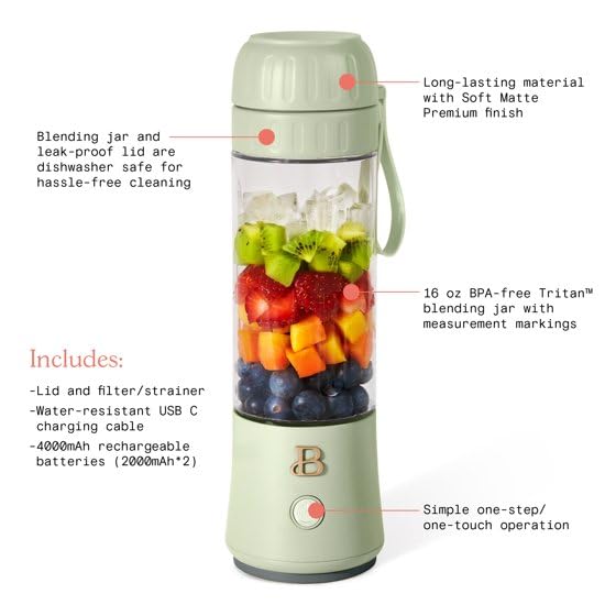 Beautiful Portable to-Go Blender 2.0, 70 W, Sage Green by Drew Barrymore,16 oz