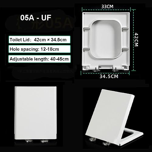 DFEDHF White Square Toilet Seat Lid Rectangular Shape Toilet Seat with Mute Soft Close Seat Cover & Quick-Release, Easy Top Fix Blind Hole,03B (05A)