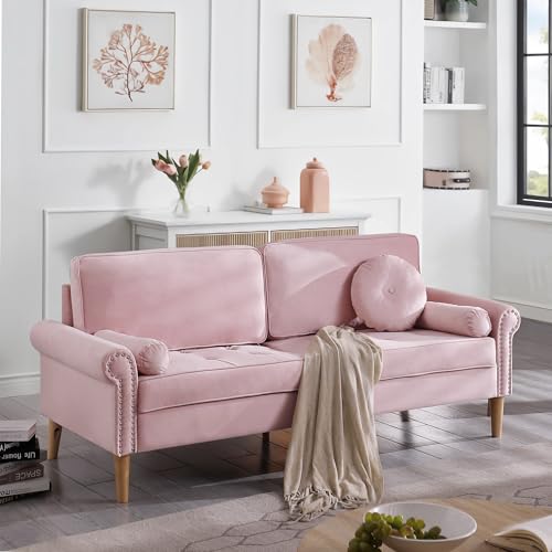 RXRRXY Modern Loveseat Sofa,Velvet Loveseats for Small Spaces, Mid Century 3 Seater Sofas,Button Tufted Upholstered Couch for Bedroom,with Pillow,Suitable for Living Rooms, Apartments,Office. (Pink)