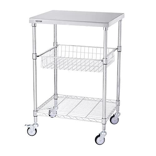 VEVOR Kitchen Utility Cart, 3 Tiers, Wire Rolling Cart with 470LBS Capacity, Steel Service Cart on Wheels, Metal Storage Trolley with 76mm Basket Curved Handle PP Liner 6 Hooks, for Indoor and Outdoor