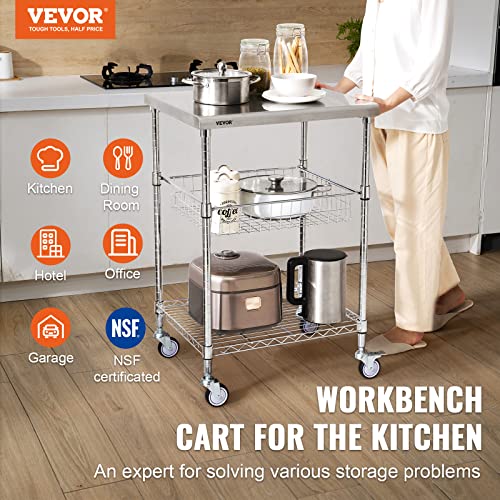 VEVOR Kitchen Utility Cart, 3 Tiers, Wire Rolling Cart with 470LBS Capacity, Steel Service Cart on Wheels, Metal Storage Trolley with 76mm Basket Curved Handle PP Liner 6 Hooks, for Indoor and Outdoor