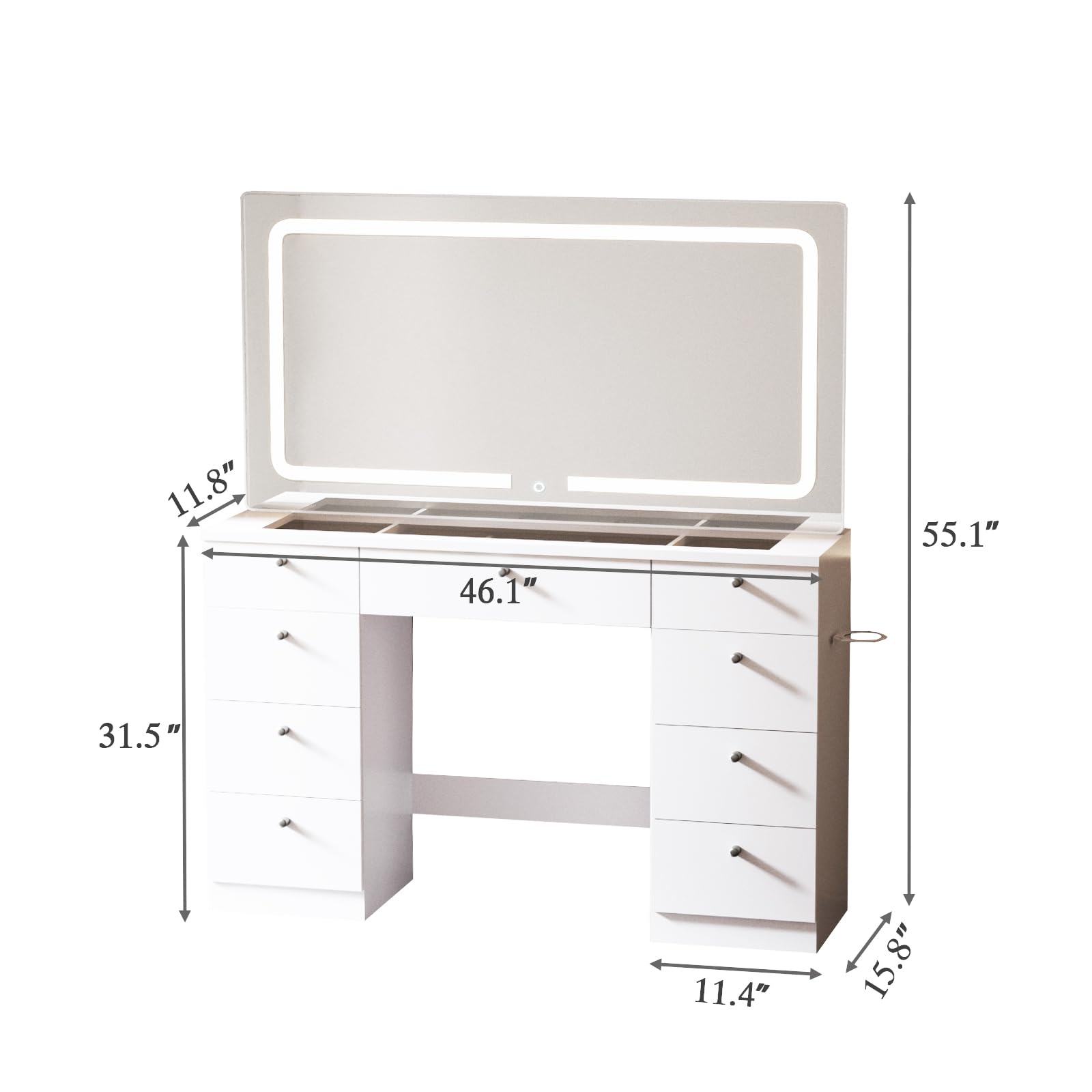 JassmiPkwy Makeup Vanity Desk with Mirror - 46 INCH Glass Tabletop Vanity Table with Lights, Drawers, Power Outlet, Large Storage Desk for Bedroom, White