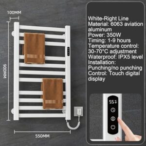 SWHC Heated Towel Rack, 350W Towel Warmer Smart Touch Radiator Towel Rail Electric Wall Mounted Towel Rail Timer 1-9H, 30-70°C Towel Radiator 11 Rods Bathroom Radiators 55 x 10 x 90 cm