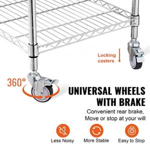 VEVOR Kitchen Utility Cart, 3 Tiers, Wire Rolling Cart with 470LBS Capacity, Steel Service Cart on Wheels, Metal Storage Trolley with 76mm Basket Curved Handle PP Liner 6 Hooks, for Indoor and Outdoor