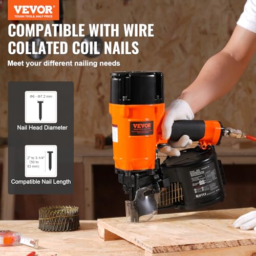 VEVOR Coil Siding/Framing Nailer CN83N, 2" to 3-1/4" 15 Degree Pneumatic Siding Nail Gun with Tool-Less Depth Adjustment, 70-120PSI Air Coil Nailer for Siding Sheathing Wooding Fencing Decking