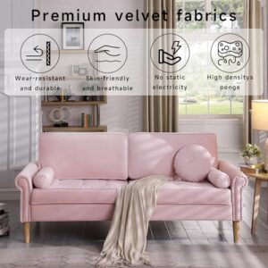 RXRRXY Modern Loveseat Sofa,Velvet Loveseats for Small Spaces, Mid Century 3 Seater Sofas,Button Tufted Upholstered Couch for Bedroom,with Pillow,Suitable for Living Rooms, Apartments,Office. (Pink)