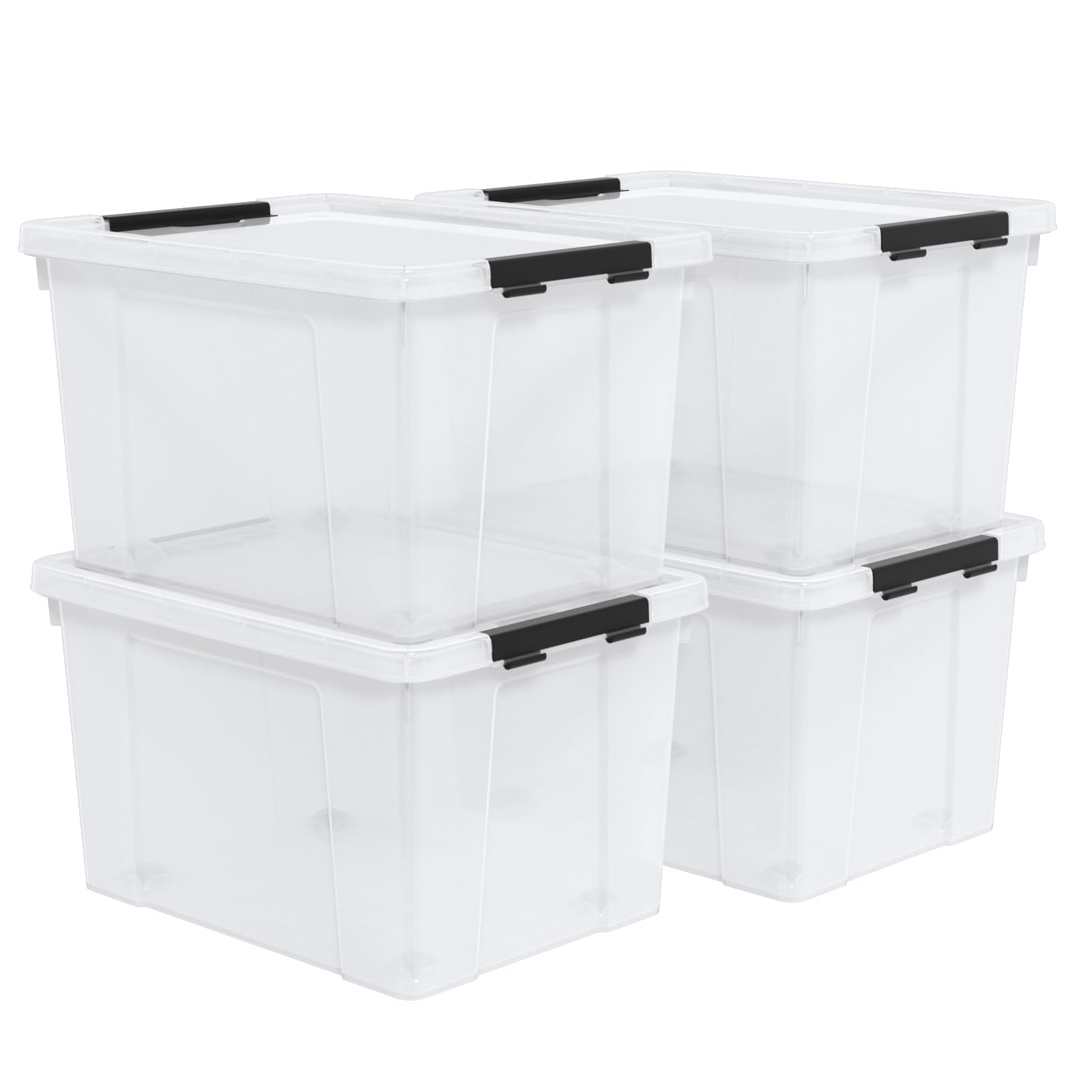 Nihenok Set of 4 50 L Stackable Plastic Storage Container with Latching Lids and Wheels, Clear Home Garage Organization Bins Box, See-Through