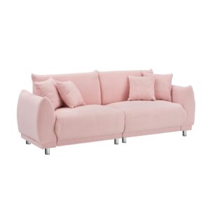 YCDIPING Comfy Teddy Wool Sofa Set with 4 Throw Pillows & Metal Legs 86.6" Apartment Size 4 Colour Choices Cozy Sitting (Pink)