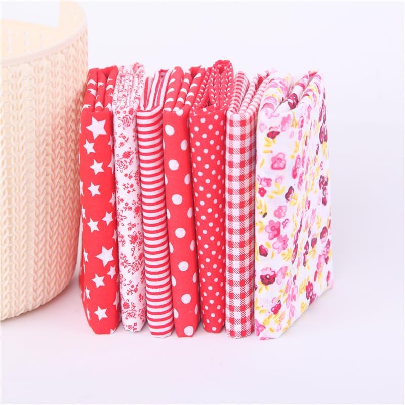 7Pcs Top Red Cotton Craft Fabric Bundle Squares Patchwork DIY Sewing Scrapbooking Quilting Floral Dot Pattern Craft and Hobby Fabric 10" x 10" (25cm x 25cm)