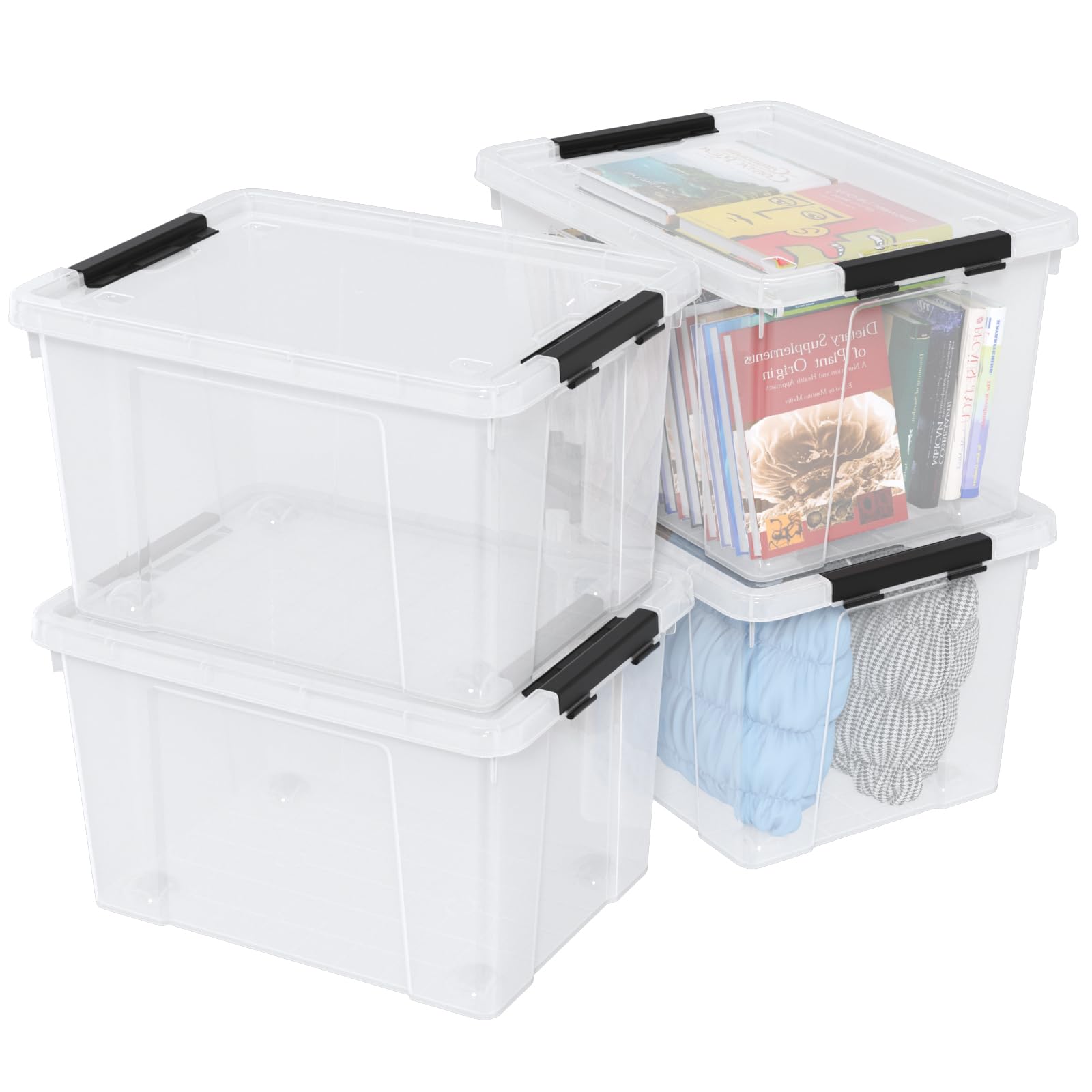 Nihenok Set of 4 50 L Stackable Plastic Storage Container with Latching Lids and Wheels, Clear Home Garage Organization Bins Box, See-Through