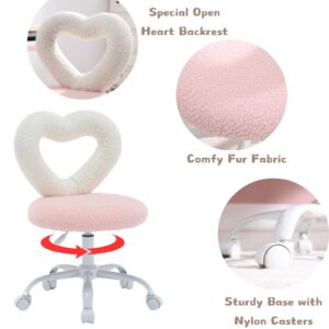 DUOMAY Faux Fur Kids Desk Chair, Heart Back Upholstered Computer Chair for Boys and Girls Cute Swivel Height Adjsutable Study Arm Chair for Child Home Bedroom, Pink & White