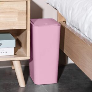 1.98 Gallon Bathroom Trash Can with Lid, 9 Liters Slim Garbage Can with Press Top, Dorm Room Small Trash Bin, Plastic Waste Basket for Bathroom, Office, Bedroom, Kitchen, Living Room, Laundry (Pink)