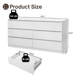 HOBBYZOO 6 Drawer White Dresser for Bedroom, Wood Dresser with Drawers, 55" Long Dresser with Drawers, Bedroom Furniture with Large Storage, Double Dresser Chest of Drawers