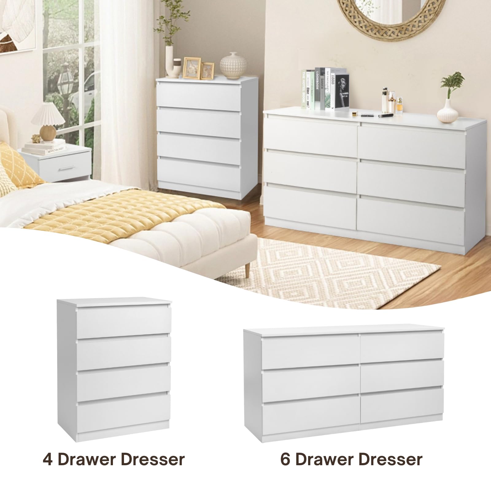 HOBBYZOO 6 Drawer White Dresser for Bedroom, Wood Dresser with Drawers, 55" Long Dresser with Drawers, Bedroom Furniture with Large Storage, Double Dresser Chest of Drawers