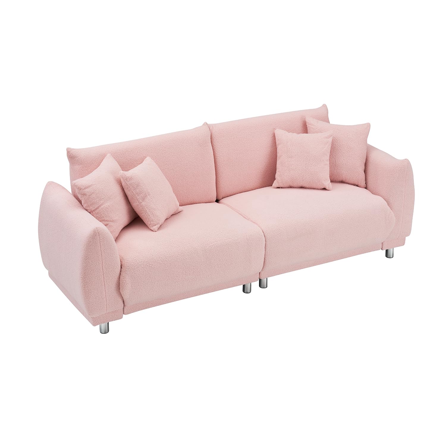 YCDIPING Comfy Teddy Wool Sofa Set with 4 Throw Pillows & Metal Legs 86.6" Apartment Size 4 Colour Choices Cozy Sitting (Pink)