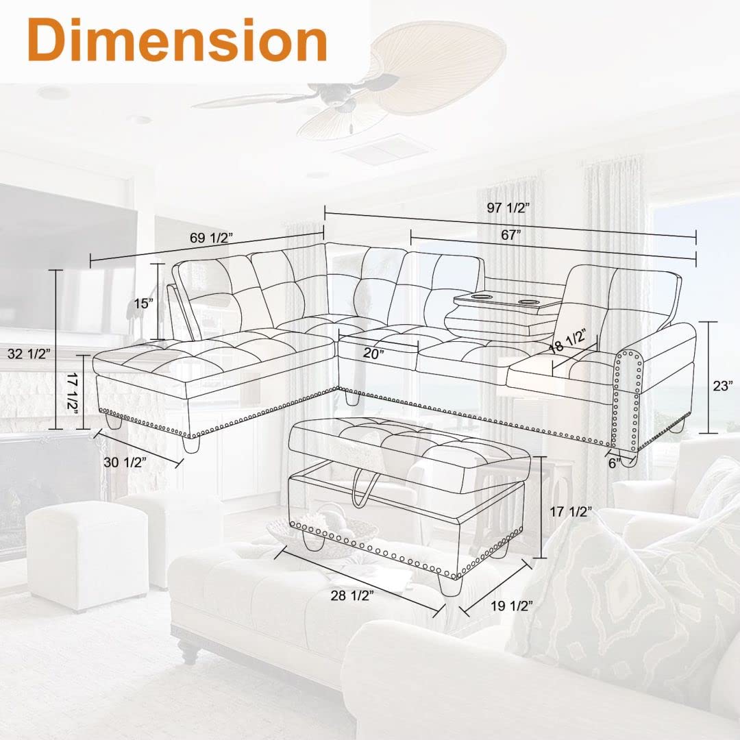 GlasFlength L Shaped Sectional Couch with Storage Ottoman, Modern Nailhead Comfy Lounge Sofa with Reversible Cup Holder & Chaise, 97" 4 Seat Modular Sofá for Living Room Apartment, Ginger