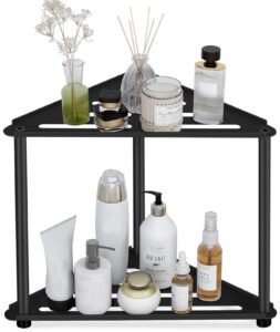 doku 2-tier corner bathroom counter organizer, stainless steel perfume tray and vanity countertop shelf, makeup bathroom organizers and storage for bathroom, dresser, kitchen (matte black)