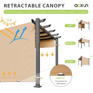 Aoxun 10'x12' Outdoor Pergola, Retractable Pergola with Adjustable Roof, Aluminum Pergola with Sun Shade Canopy, Modern Metal Patio Pergola with Brown Shade Cover for Garden, Backyard and Deck