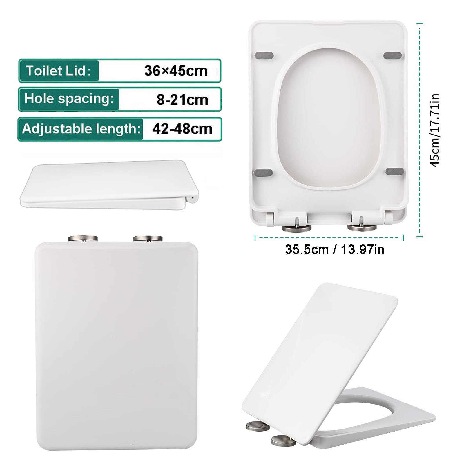 DFEDHF Square Toilet Seat Soft Close, Top Fixing, Quick Release for Easy Cleaning, Adjustable Hinges, Easyto Install, PP Toilet Lid Square, White,06A (06A)