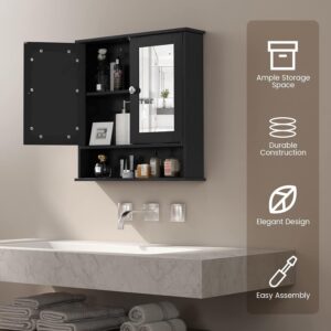 COSTWAY Bathroom Cabinet Wall Mounted - Over The Toilet Wall Storage Cabinet with 2 Mirror Doors and Adjustable Shelf, Hanging Medicine Cabinet for Bathroom, Living Room, Kitchen (Black)