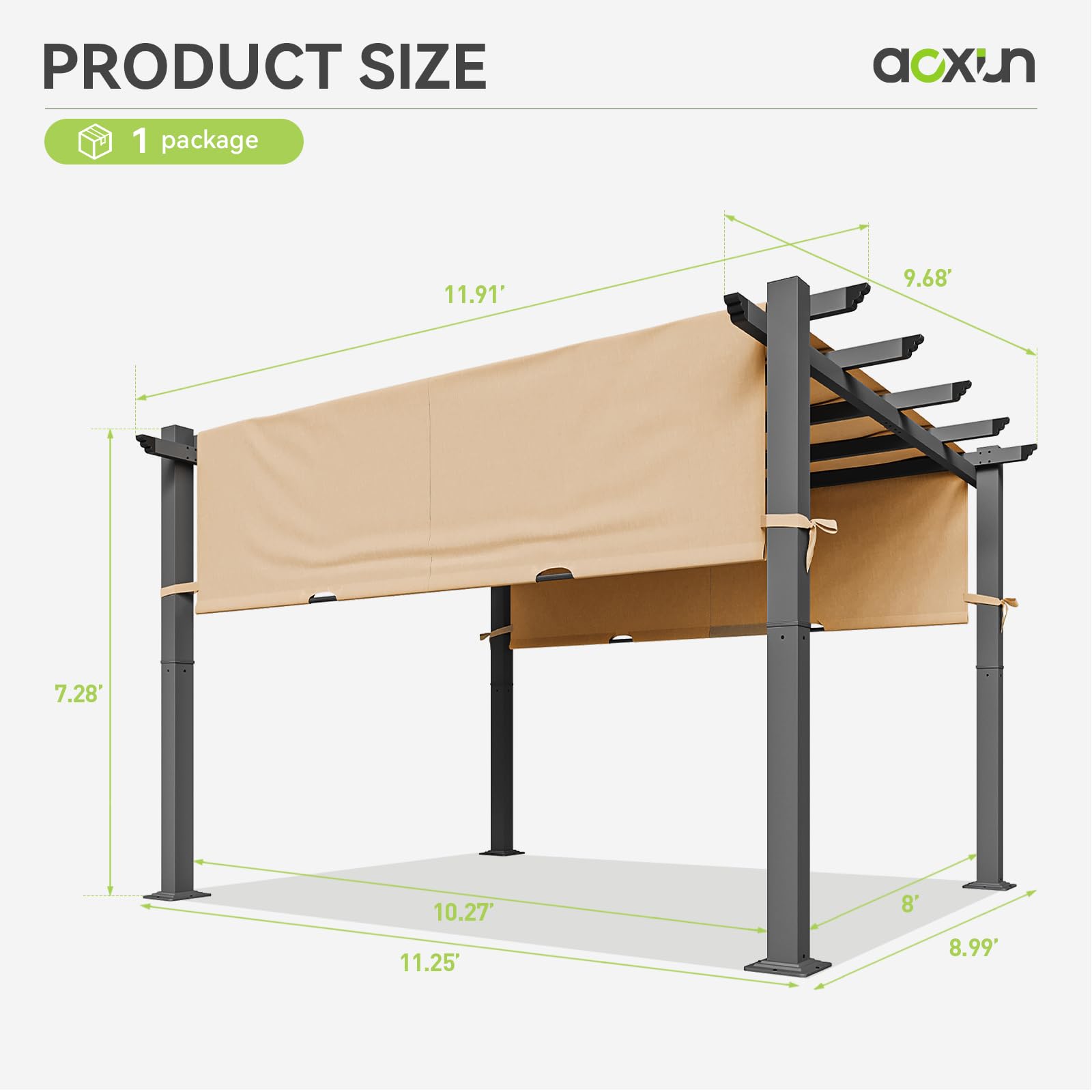 Aoxun 10'x12' Outdoor Pergola, Retractable Pergola with Adjustable Roof, Aluminum Pergola with Sun Shade Canopy, Modern Metal Patio Pergola with Brown Shade Cover for Garden, Backyard and Deck