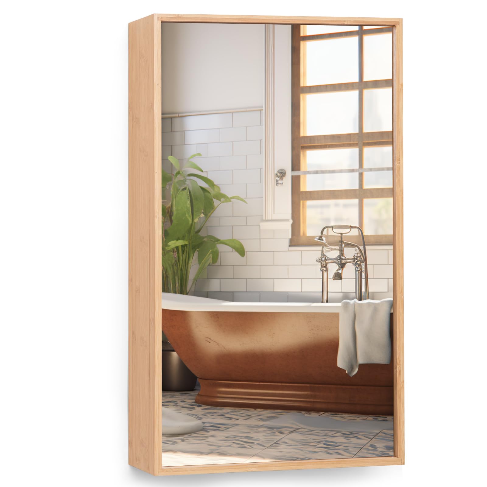 RELAX4LIFE Bamboo Medicine Cabinet with Mirror - Bathroom Cabinet Wall Mount w/Single Door, 2 Adjustable Shelves, Hanging Small Storage Cabinet for Entryway Living Room, Mirrored Bathroom Wall Cabinet