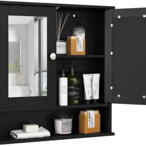 COSTWAY Bathroom Cabinet Wall Mounted - Over The Toilet Wall Storage Cabinet with 2 Mirror Doors and Adjustable Shelf, Hanging Medicine Cabinet for Bathroom, Living Room, Kitchen (Black)