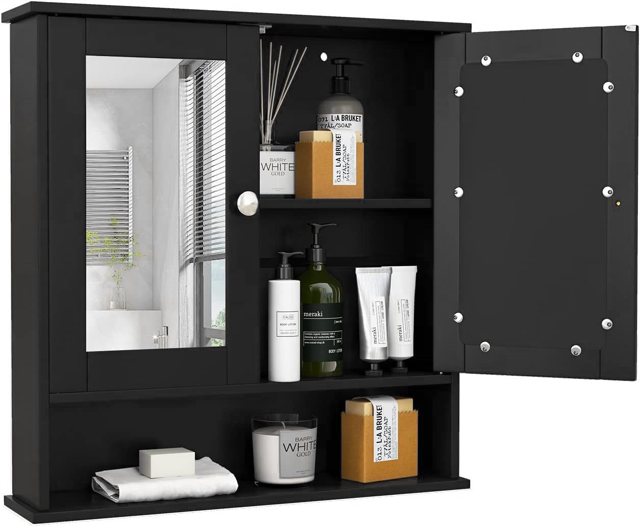 COSTWAY Bathroom Cabinet Wall Mounted - Over The Toilet Wall Storage Cabinet with 2 Mirror Doors and Adjustable Shelf, Hanging Medicine Cabinet for Bathroom, Living Room, Kitchen (Black)