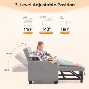 VINGLI Convertible Sleeper Chair 3-in-1 Sofa Bed Light Gray, Pull Out Couch Sleeper Sofa Recliner with USB Ports, Cup Holders, Side Pockets for Small Space Living Room, Bedroom