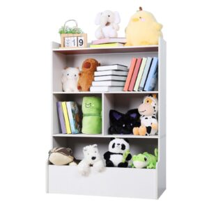 amamia kids bookshelf, 4-tier storage bookcase, large wooden open kids bookshelf and toy storage for playroom, bedroom, reading nook, toddler's room, nursery, white white